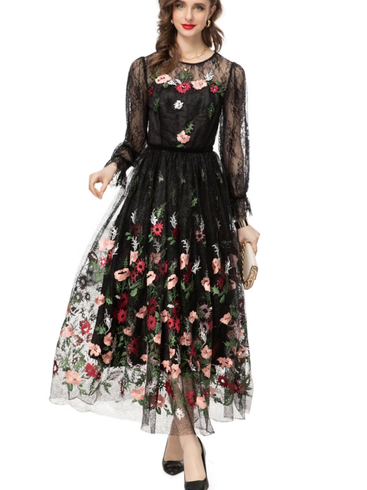OC134M04 Spring and Summer Women's Dresses Multicolored Round Neck Long Sleeved Handmade Embroidered Diamond Lace Gorgeous Long Skirt for Commuti