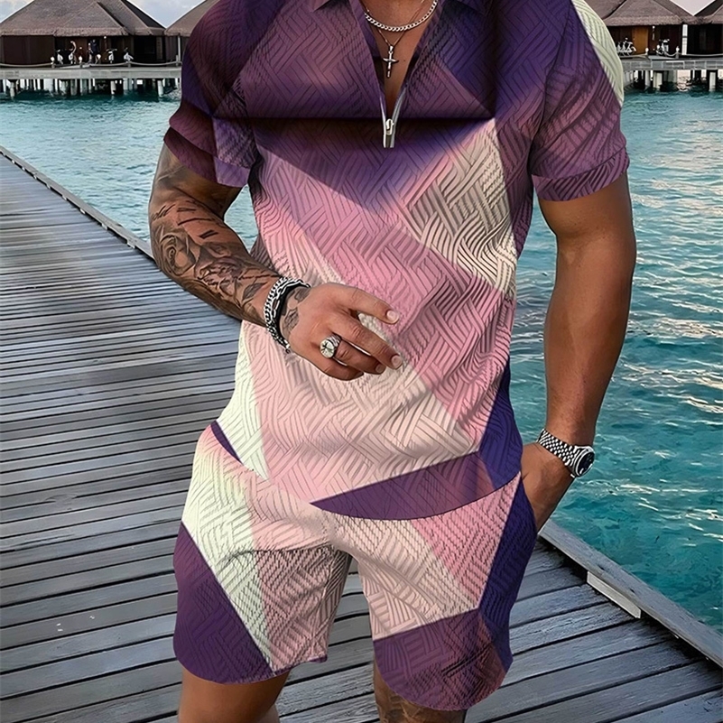 Summer Fashion Mens Sweatsuit set Colored Patches 3D Print Casual Zipper Polo Shirt Shorts 2pcs Sets Oversized Tracksuit Sets 250109