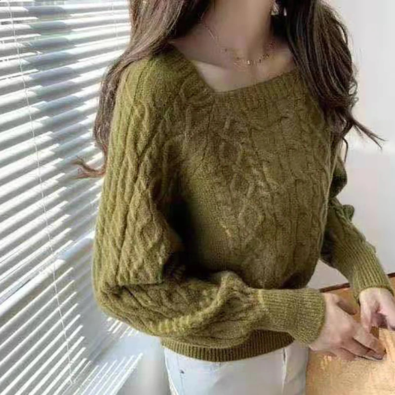 EVNISI Autumn Winter Women Square Collar Ribbed Sweater Thicken Warm Office Jumpers Women Lantern Sleeve Knit Casual Sweater 250206