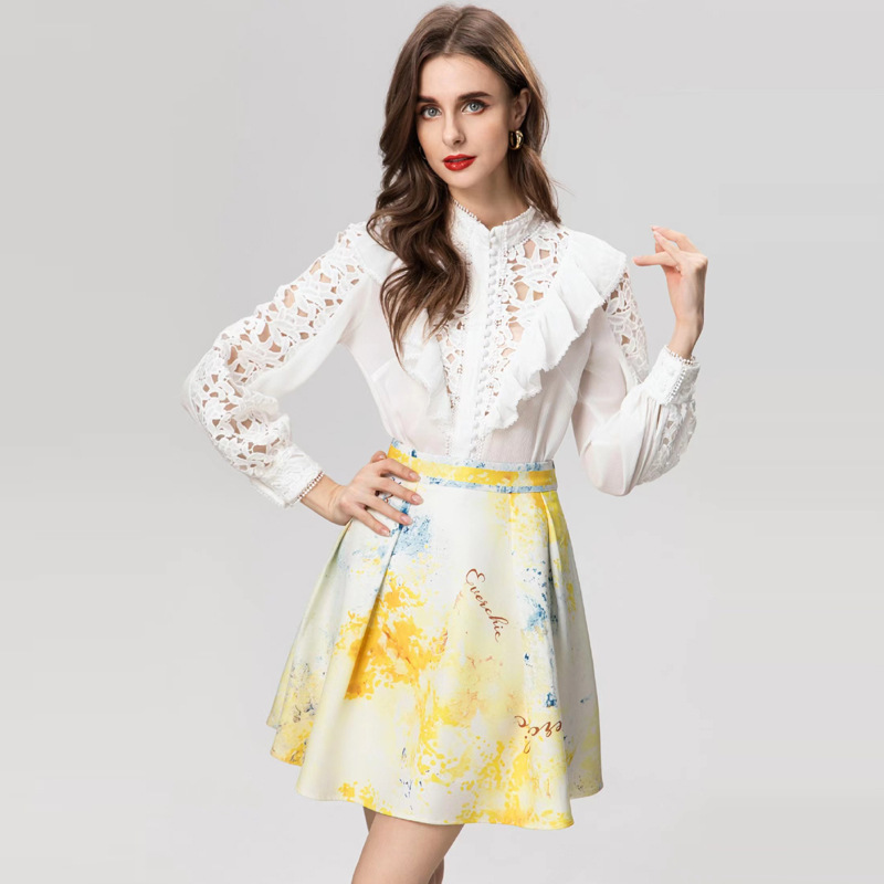 OC140M99 European and American Women's Casual Casual Dresses Set with Simple Commuting Style Summer Printed Half Skirt Long Sleeved Hollow Splicing