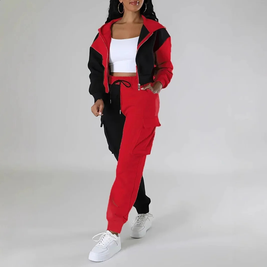 Women Loose Autumn Winter Two Pieces Suit Matching Sets Hoodie Tracksuit Blocked Zipper Short Outerwear Drawstring Cargo Pants 250121