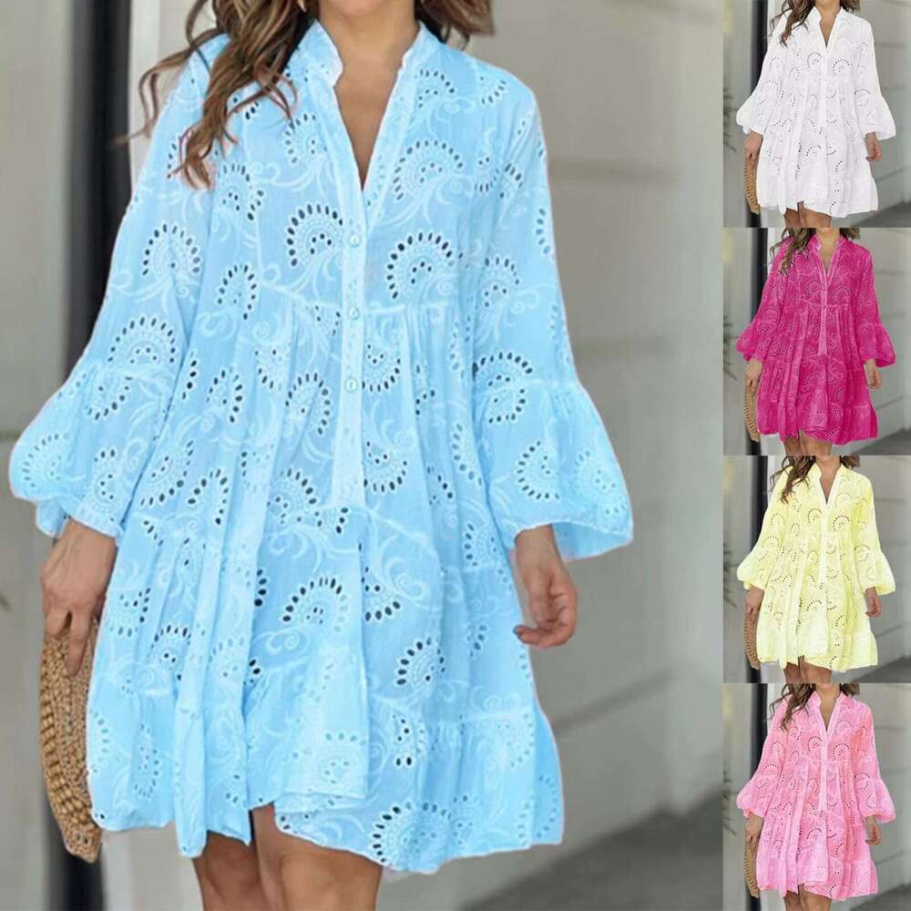 Plus Size S-5XL Hollow Out Dresses for Women Summer Elegant Solid Embroidered Lace Loose Holiday Beach Mini Dress White R250206