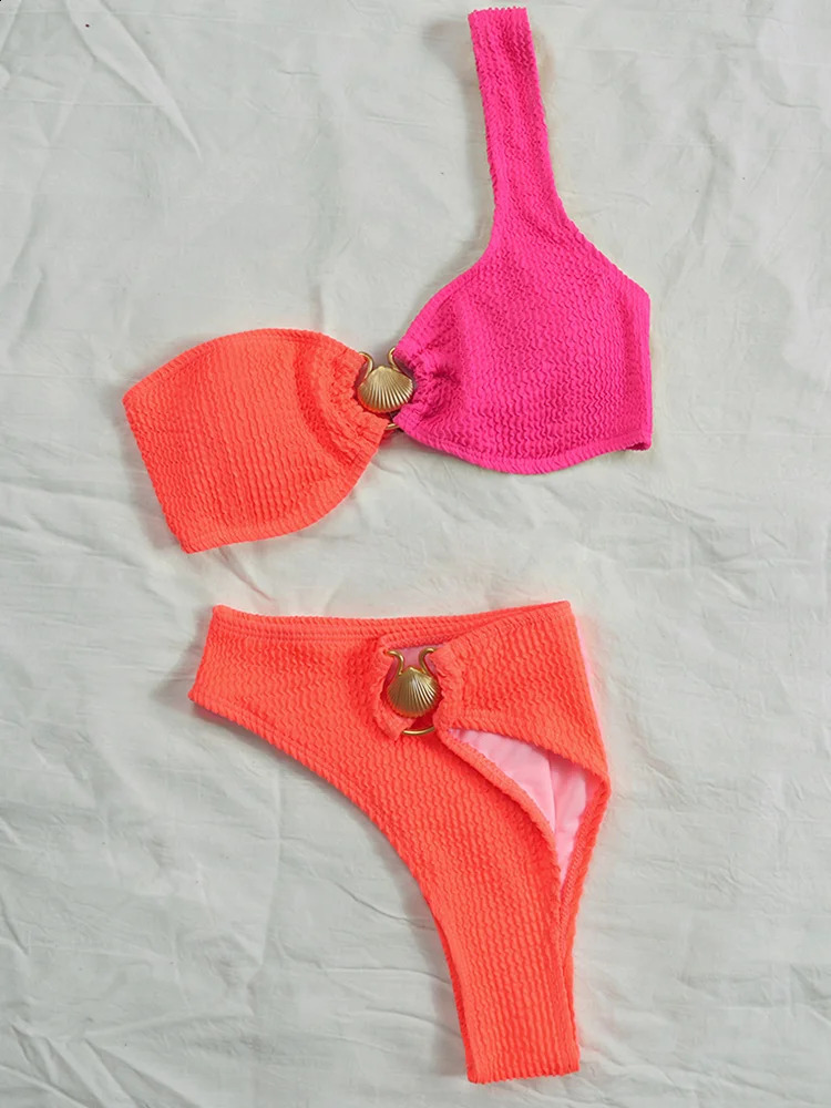 Shell Patchwork Swimwear One Shoulder Swimsuit Women Sexy Bathing Suit High Cut Bikini Sets Thongs Biquini Brazilian Beachwear 250121