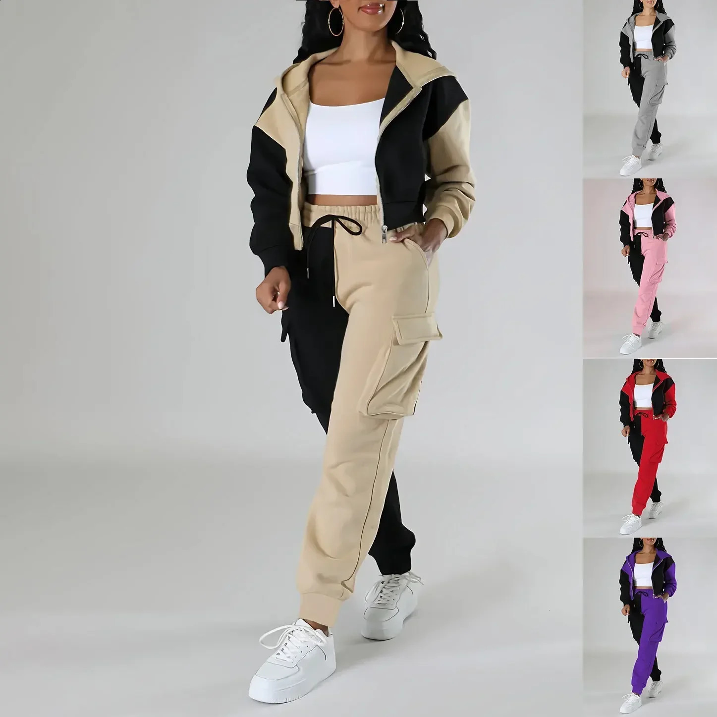 Women Loose Autumn Winter Two Pieces Suit Matching Sets Hoodie Tracksuit Blocked Zipper Short Outerwear Drawstring Cargo Pants 250121