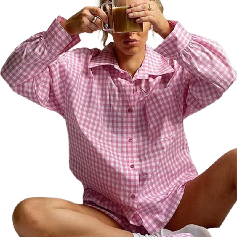 Women 2 Pieces Suit Set Female Striped Plaid Turn-Down Collar Long Sleeve Shirt Short Pants for Spring Autumn 250121