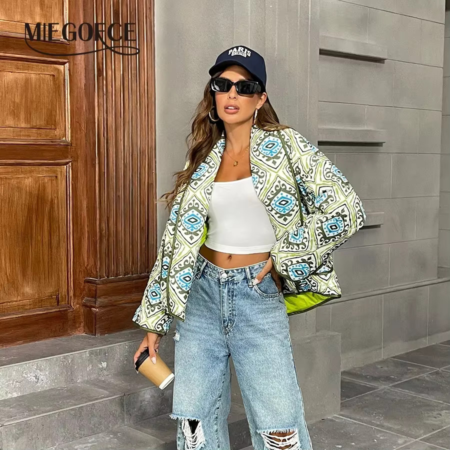MIEGOFCE Spring Double-Pocketed Outerwear Ral Printed Thickened Quilted Pocket Retro Print Lapel Jacket Women Coat Jj-1696