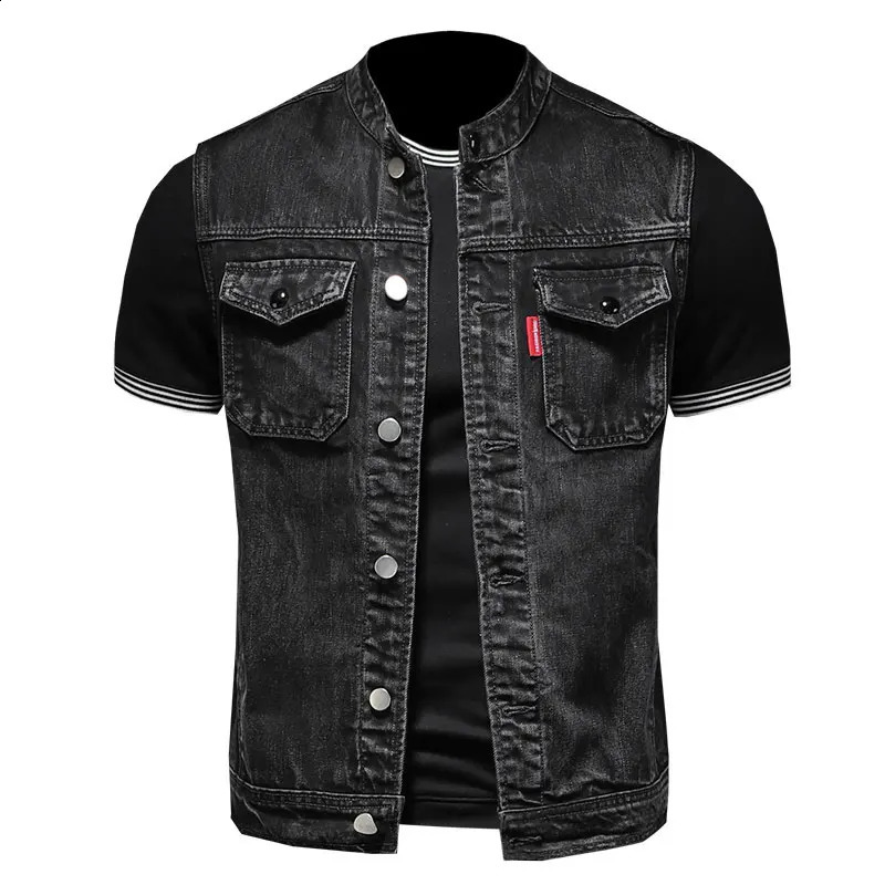Retro Jean Jacket Mens Denim Vest Coats Slim Black Stand Collar Sleeveless Motorcycle Style Waistcoat Coat Cowboy 250206