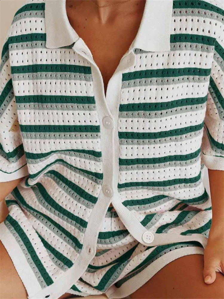 2 Piece Sets Women Striped Contrast Knit Loungewear Button Down Short Sleeve Tops and Shorts Sets Beach Casual Loose Streetwear 250121