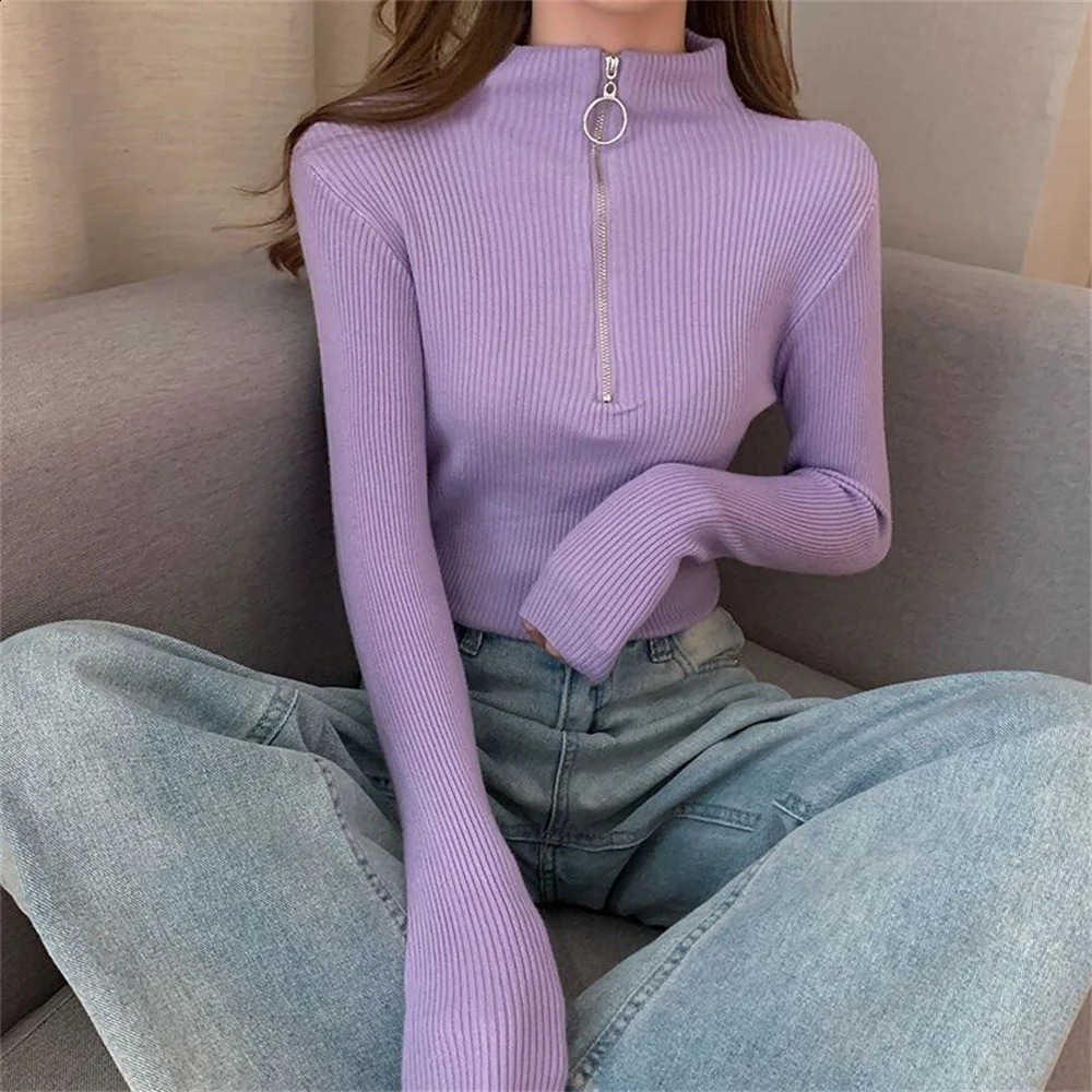Autumn Winter Basic Long Sleeve Ladies Korean Solid Slim Fit Knitwears Women Spring Fashion Womens Zipper Red Knitted Sweater 250206