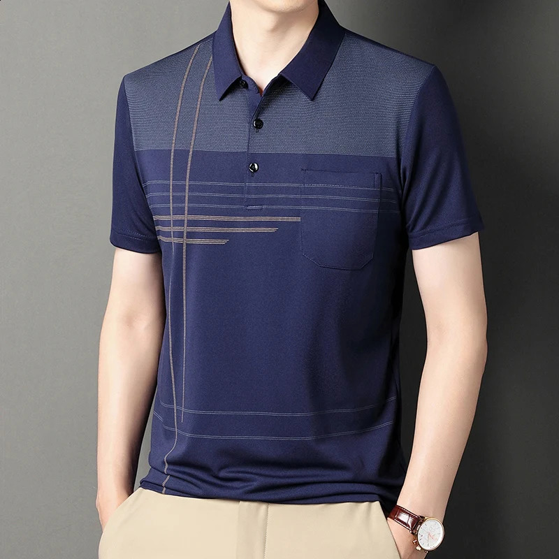 Summer Mens Color Blocking Polo Shirt Pocket Button Up Tshirt Casual Slim Fit Comfortable Short Sleeved Breathable Top 250113Z
