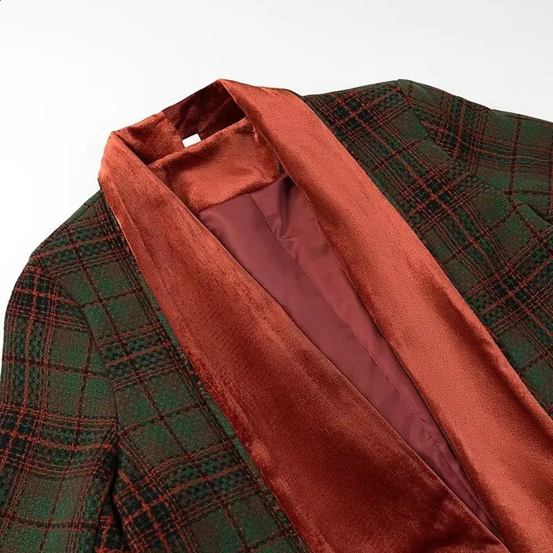 2024 autumn womens clothing style fashionable and versatile simple color blocked plaid wool long coat 250109Z