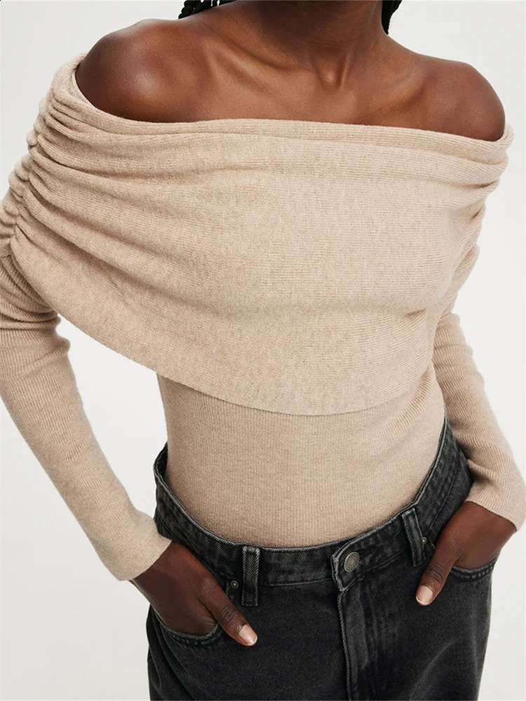 CHRONSTYLE Women Slash Neck Off Shoulder Sweaters Long Sleeve Solid Color Knitted Pullovers Slim Fit Ruched Tops Jumpers 250206