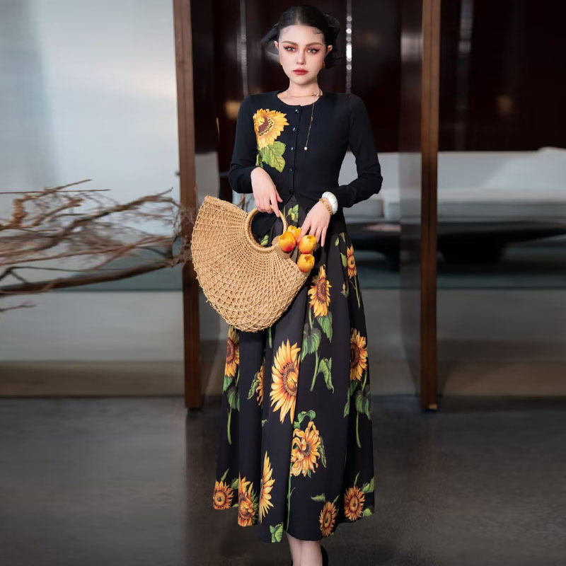 OC1325M7 Women's Two Piece Sets Multicolored Dress Round Neck Long Sleeved Embroidered Knitted Top+printed Dress