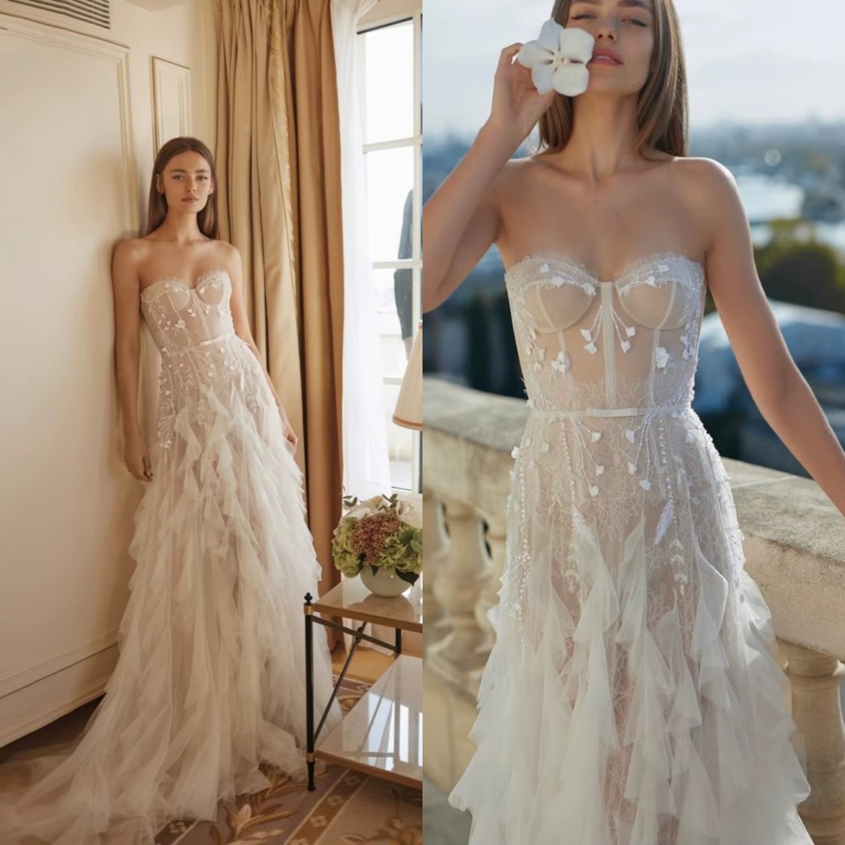 Bridal Dress Appliques Ruffles Sweetheart Neck Sleeveless Wedding Gown Sweep Train - Customize Your 2024 Look