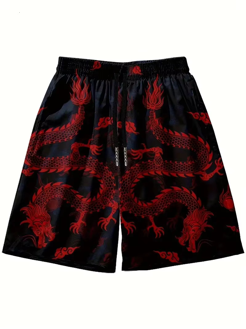 Mens Beach Pants Red Dragon 3D Printed Mens Shorts Summer Casual Breathable Shorts Mens Clothing Bermuda Mens Shorts