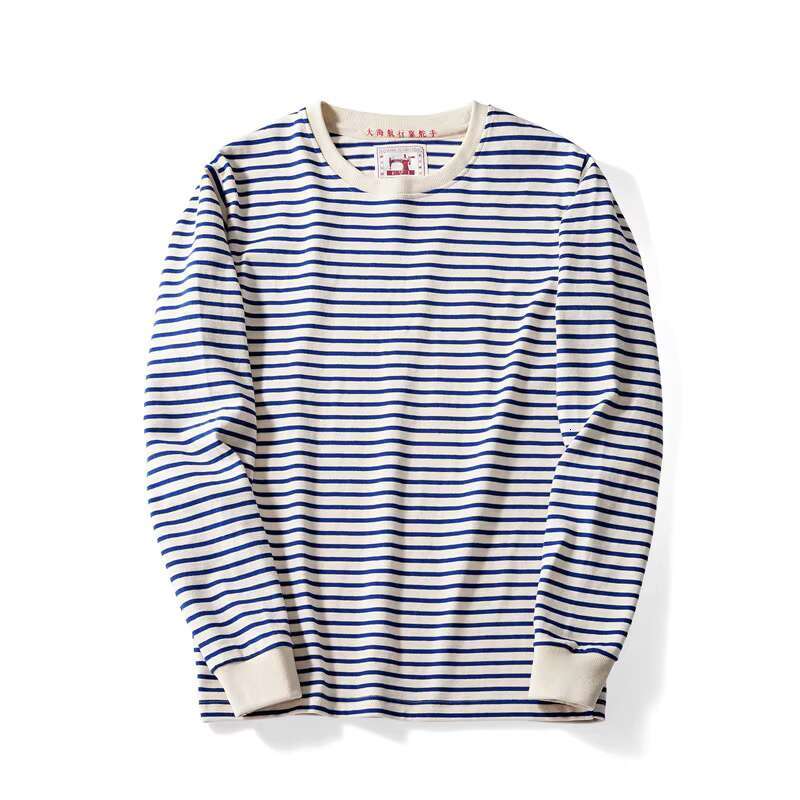 Blue White Sea Soul Shirt T-Shirt Heavy Cotton Striped Sports Jersey Men's Round Neck Long-Sleeved Outdoor Fiess Running Train