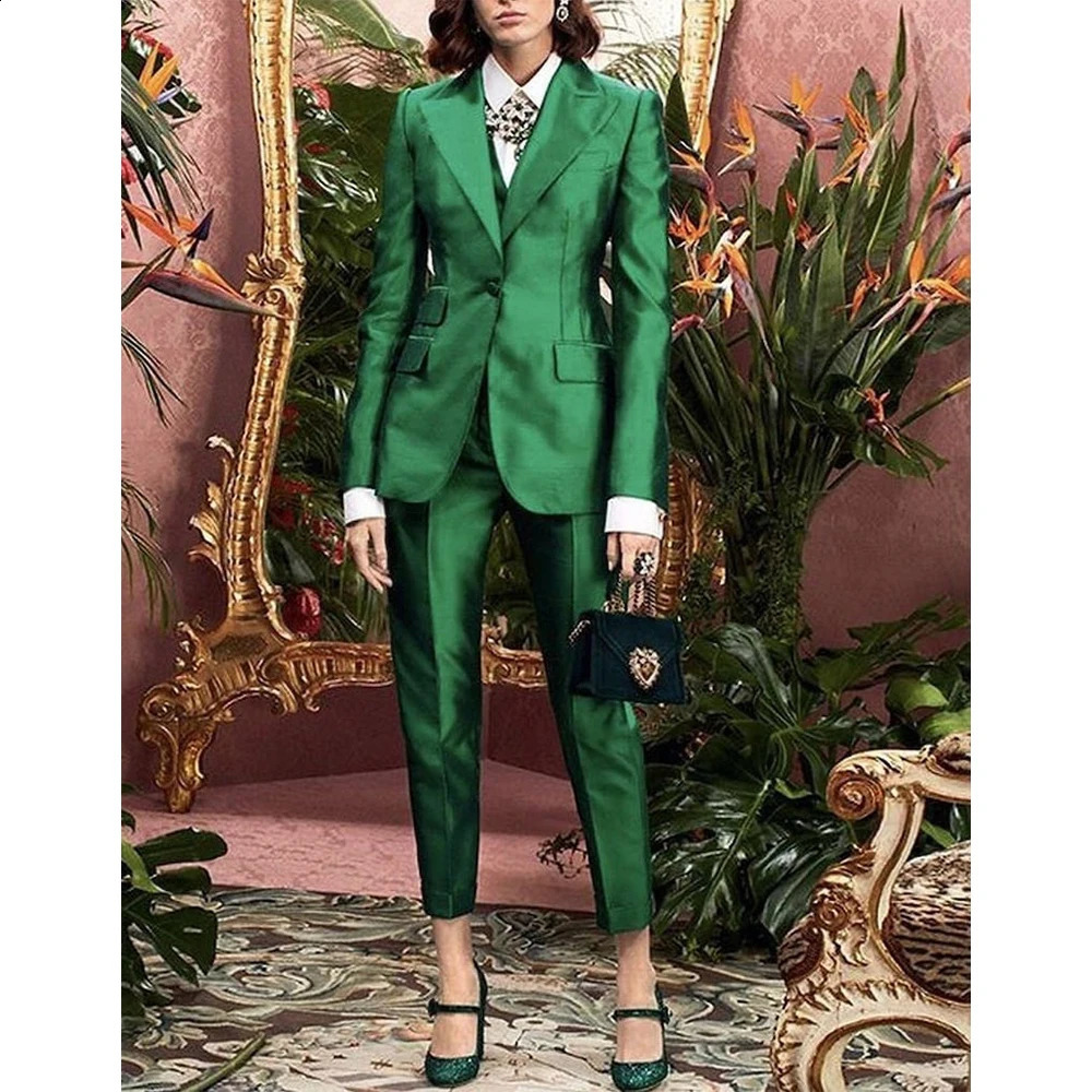 Satin Womens Suit Set Ladies 2 Pieces Pants and Top Evening Party Slim Fit Peaked Lapel Jacket Blazer Combi-pants 250206