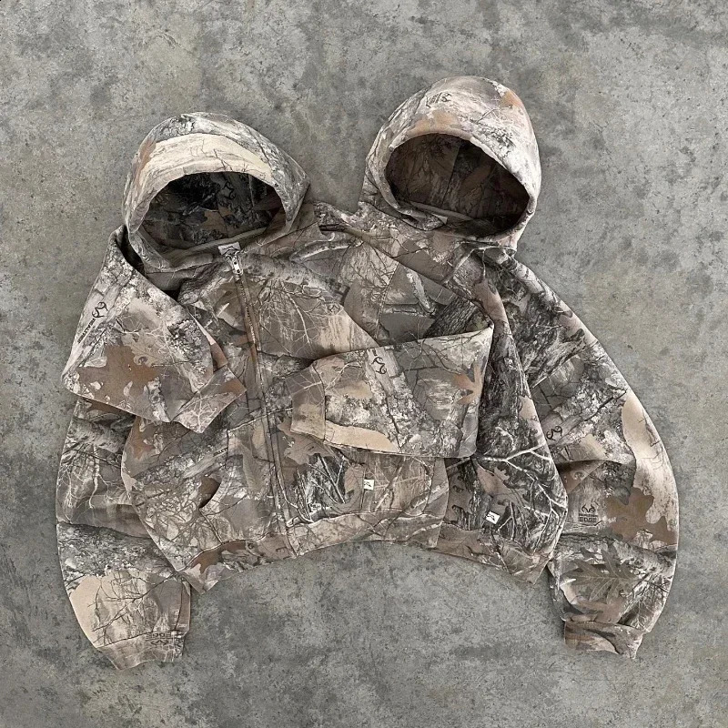 2000s Hip Hop Streetwear Oversized Camouflage Zipper Sweatshirt Retro American Street Hoodie Unisex Casual Camo Hoodie 250206