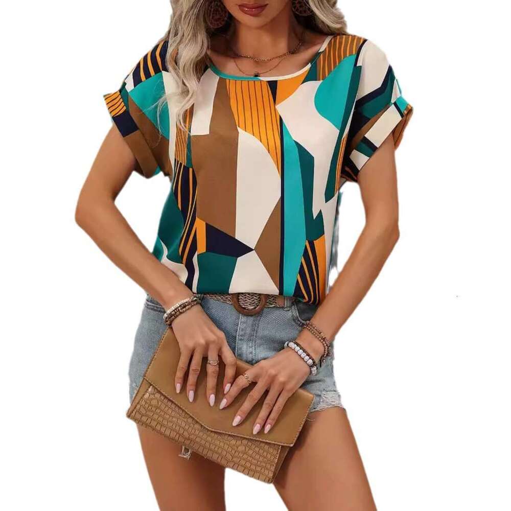 European and American hot summer geometric print short sleeved women's shirt on 2025 new casual fashion trend clothing