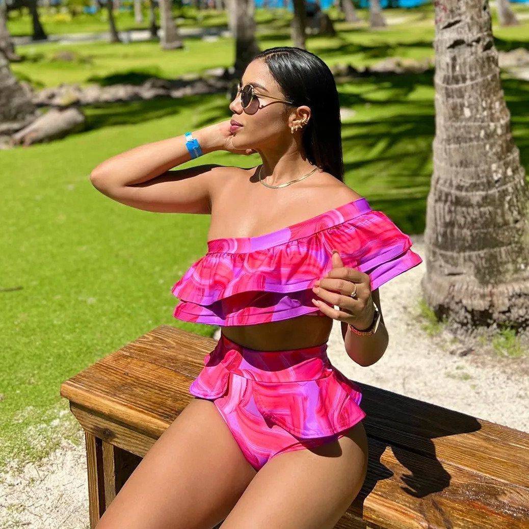 2025 One Shoulder Ruffle Swimsuit High Quality Sexy Bikinis Women Swimwear Print Brazilian Biquini High Waist Beachwear Swim 250121
