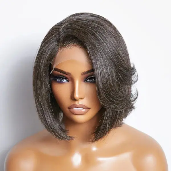 Salt & Pepper Water Wave Glueless 4x4 Closure Lace Bob Wig short hairstyle 100% Human Hair real humain Virgin Hair for elegance older women with glass