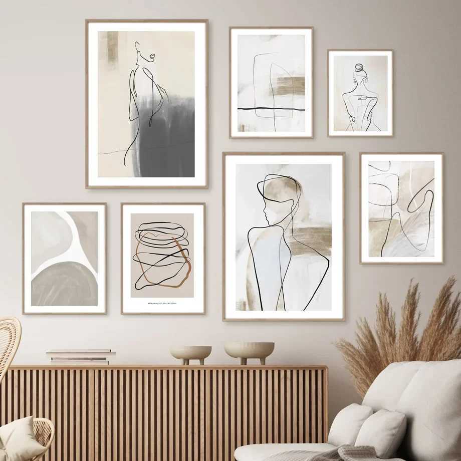 Surresm Abstract Lines Curve Woman Wall Art Canvas Painting Boho Geometry Posters And Prints Wall Pictures Living Room DecorC250102