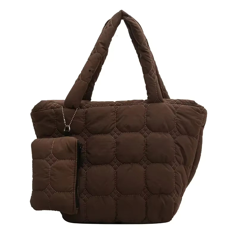 Fashion Quilted Embroidery Thread Handbag Lightweight Puffy Top-Handle Large Capacity Ladies Small Totes Bag With Mini Purse Cotton Fabric Cartoon