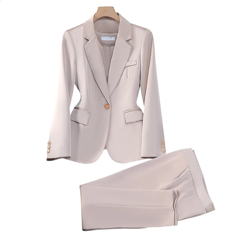 Autumn Winter Two Pieces Suit Women Solid Business Work Single Button Long Sleeves Blazer Coat High Waist Ankle-length Pant 250206