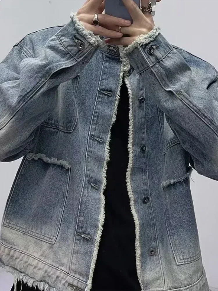 Jeans Coat for Men Wide Sleeves Stand Collar Blue Denim Jackets Man One Piece Large Size Washed Lxury Cowboy Clothing G 250206