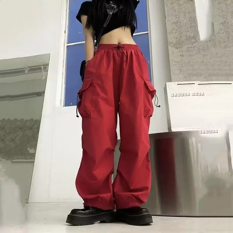 Women Big Pockets Cargo Pants Y2k High Elastic Waist Drawstring Baggy Trousers Vintage Casual Loose Side Zipper Straight Pants 250121