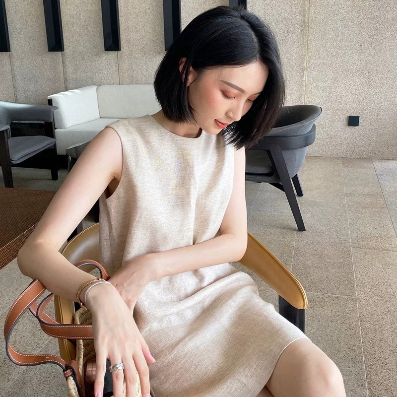 P4200 New summer atmosphere plant dyeing mid-length linen vest dress round neck sleeveless dress summer