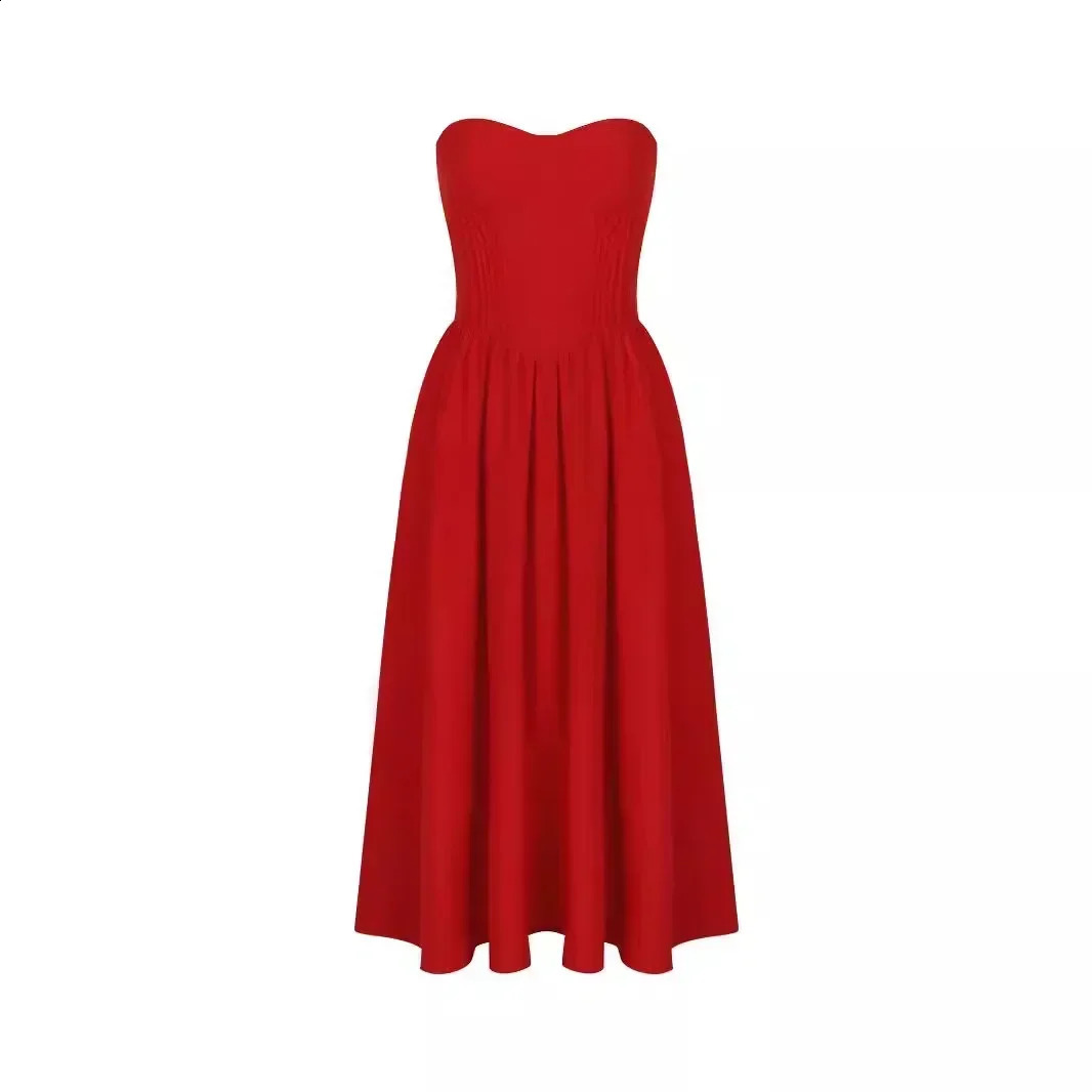Suninheart Women Red Strapless Dress Sexy Arrivals Midi Casual Holiday Birthday Party Dresses Female 250206