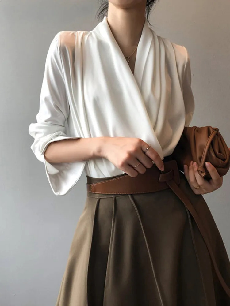 Fashion Casual Satin Sag Cross Collar Women Tops Elegant Solid Color Longsleeved Shirt Womens Clothing Sales 250121