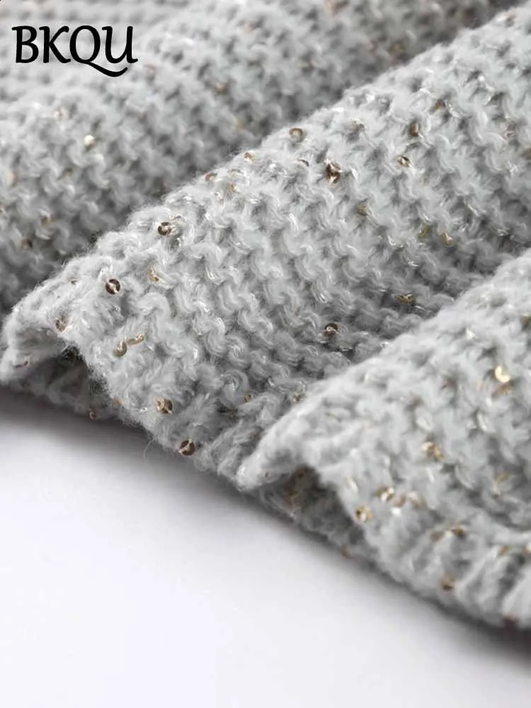 BKQU Sequin Off Shoulder Sweater Women Elegant Lantern Sleeve Loose Shiny Knit Pullover Autumn Winter Fashion Street Jumper 2025 250121