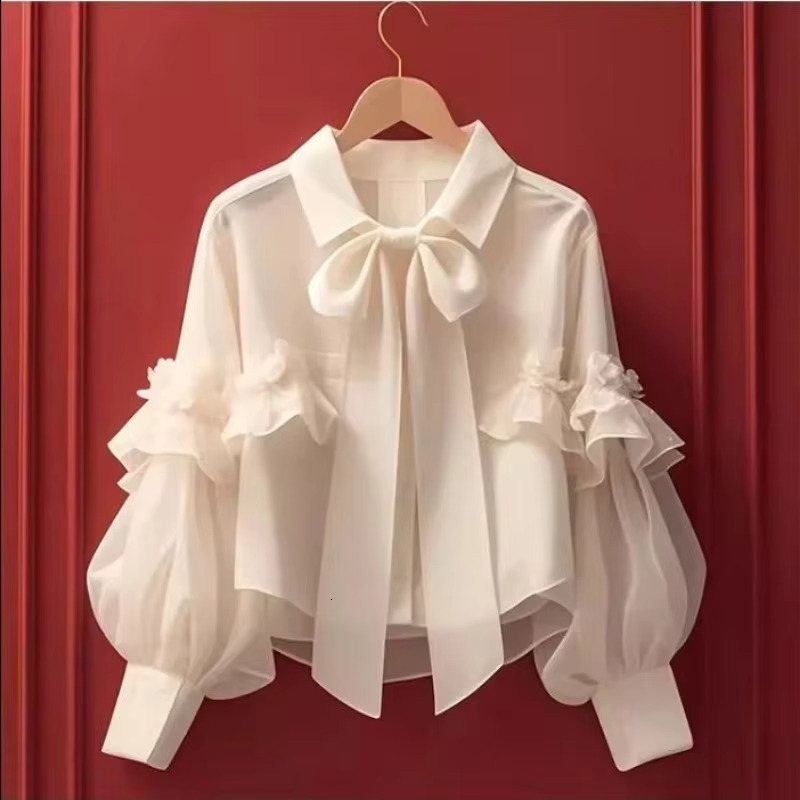 Spring Autumn Bow Blouses Solid Ruffles Vintage Sweet Women Shirts Korean Fashion Puff Sleeve Elegant Camisas