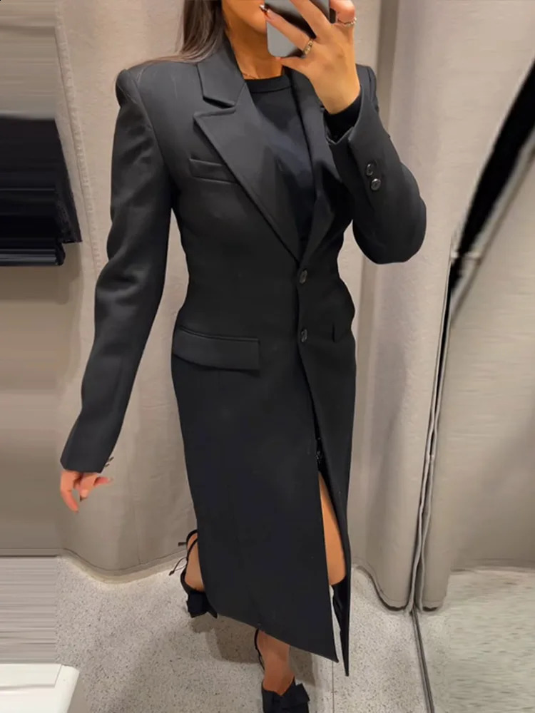 Fashion OL Notched Long Blazer Coats Women 2025 Spring In Single Breasted Full Sleeve Suit Jacket Female Chic Street Outwear 250206