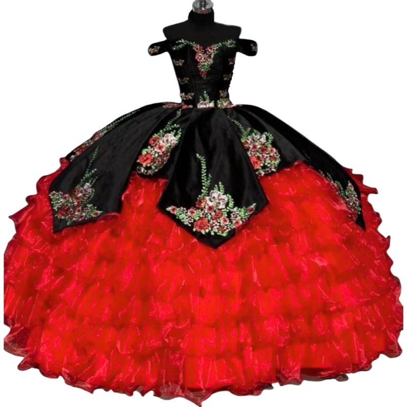 Red And Black Charro Princess Quinceanera Dresses Off Shoulder Embrodiery Floral Corset Ruffles Prom Party Gown Pluffy vestidos de 15 anos quinceanera
