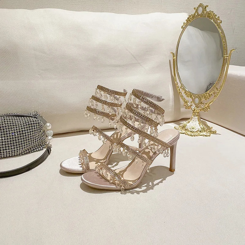 Crystal hot Wrap Sandal Summer 2024 Wedding Shoes High Heel Party Ankle Strappy Sandals Stiletto 250118