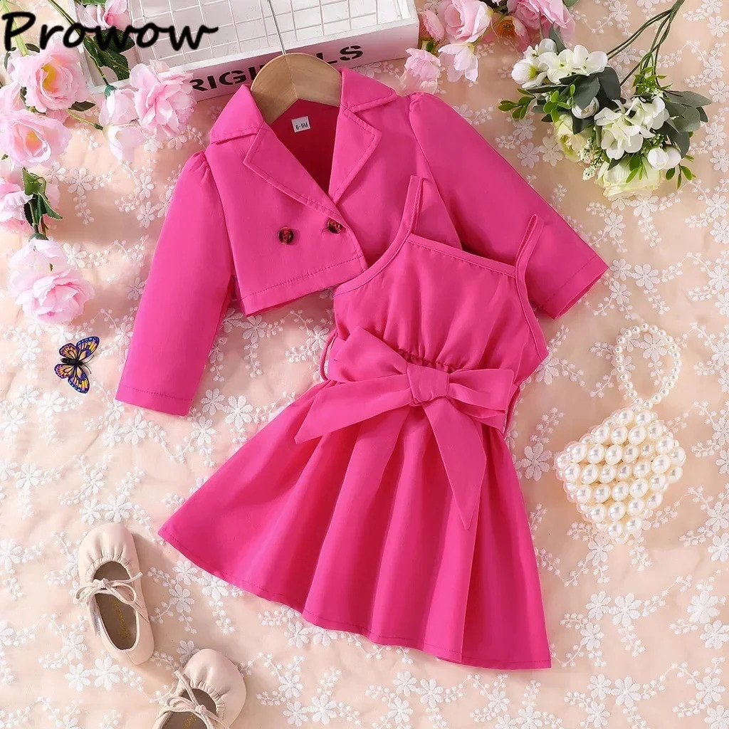 Prowow Baby Girls Clothes Fashion Lapel Blazer JacketBelted Dress For Girls Kids Dress Set 3pcs Toddler Baby Girl Outfit Sets 250206
