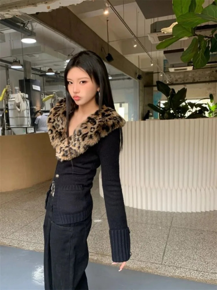 American V-neck Leopard Print Fur Collar Cardigan Autumn Winter Sweaters Coat Y2k Slim Fit Long Sleeve Tops Women 250122