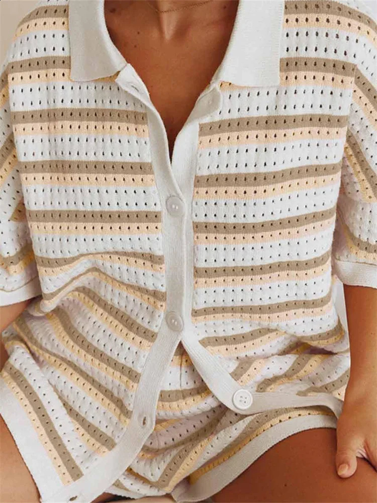 2 Piece Sets Women Striped Contrast Knit Loungewear Button Down Short Sleeve Tops and Shorts Sets Beach Casual Loose Streetwear 250121