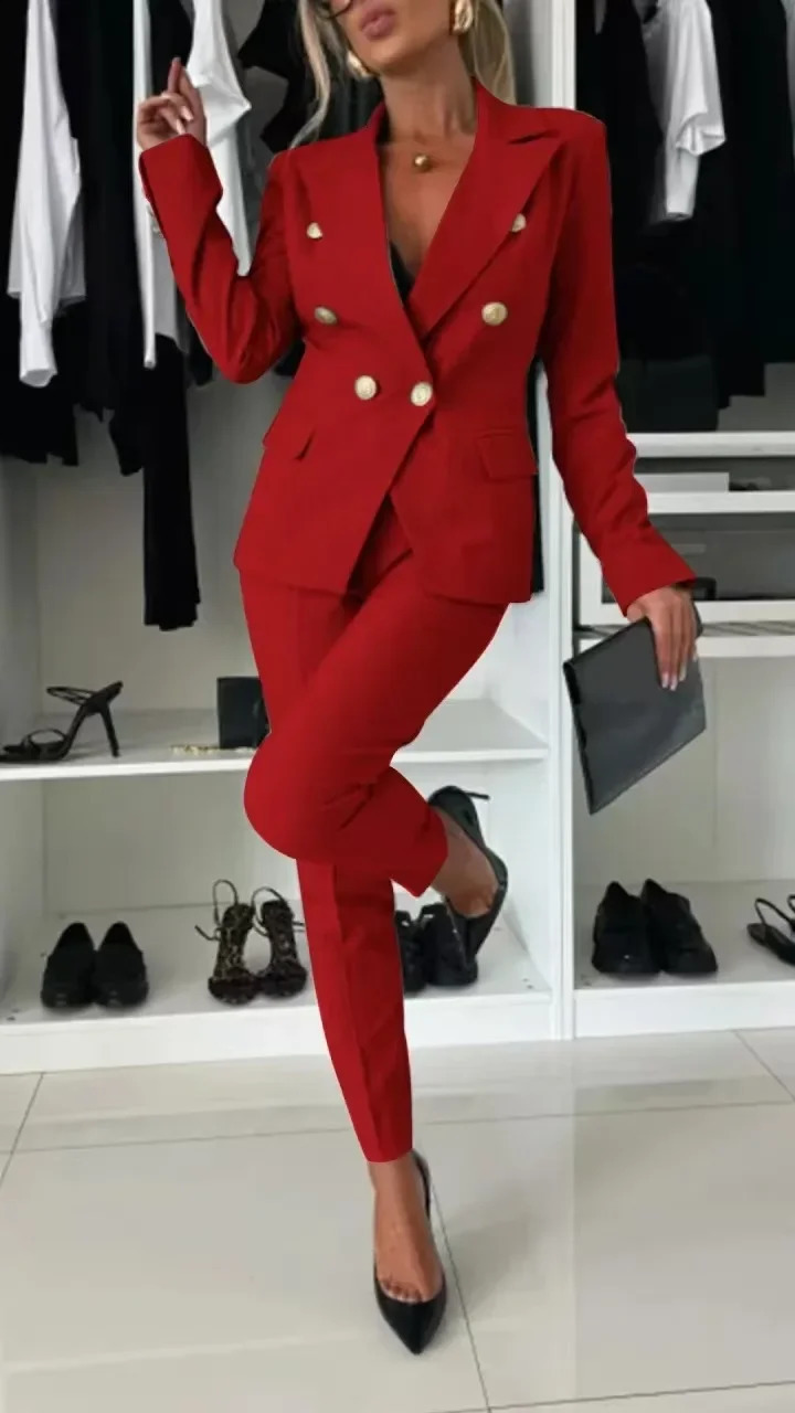 Women Office Smart Clothes Set 2pcs Blazer Double Breasted Button Solid Color Jacket High Waist Slim Pencil Pants 250206