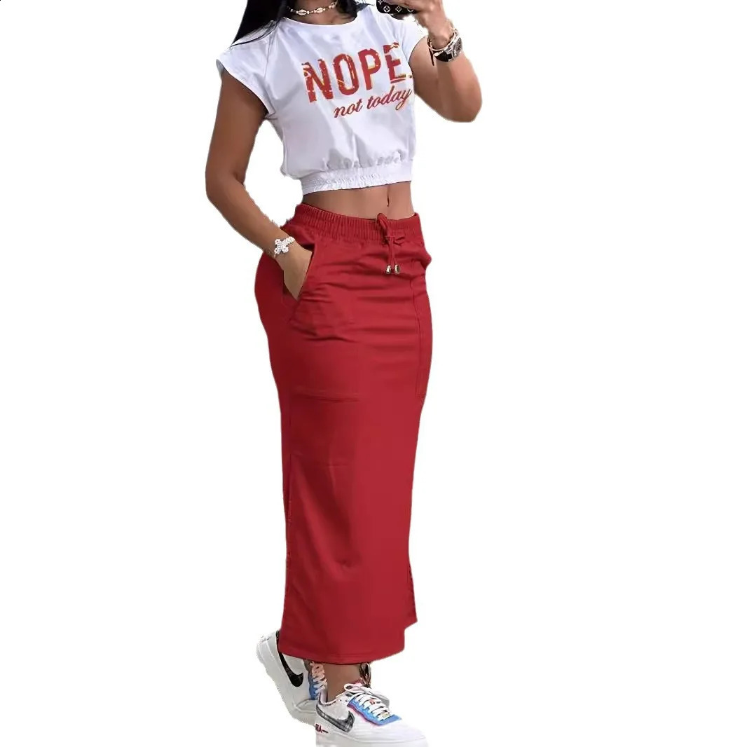 Summer Letter Print Crop Top Hem Split Maxi Skirt Set for Women Pocket Decor Drawstring Two Pieces Dress Work Lady Outfits 250120