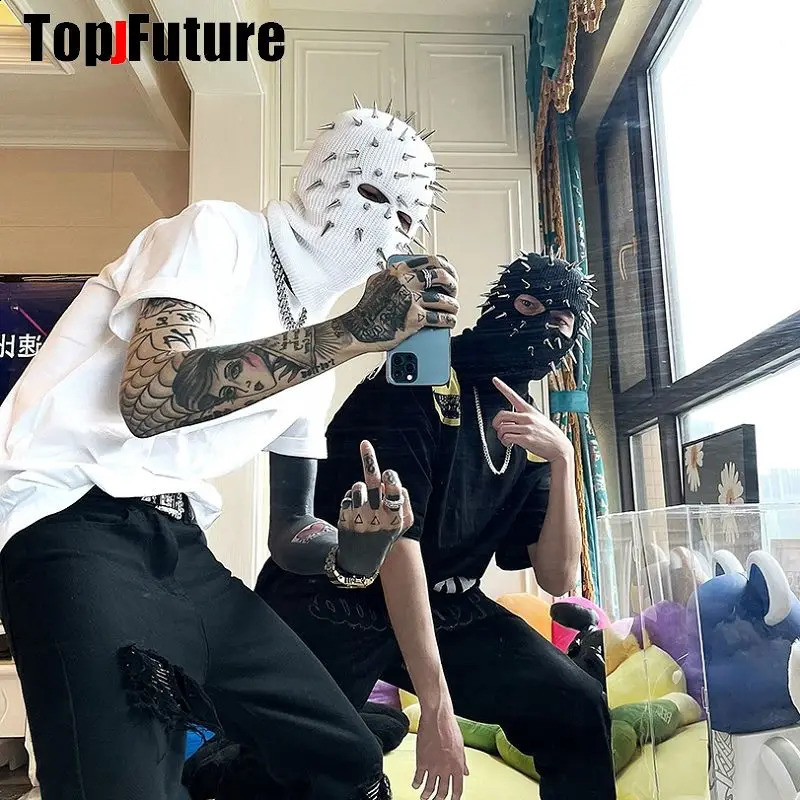 Rivet full face mask winter thermal mask skiing sports Balaclava mask Y2K knitted Beanies punk hip-hop pointed hat motorcycle helmet 250109