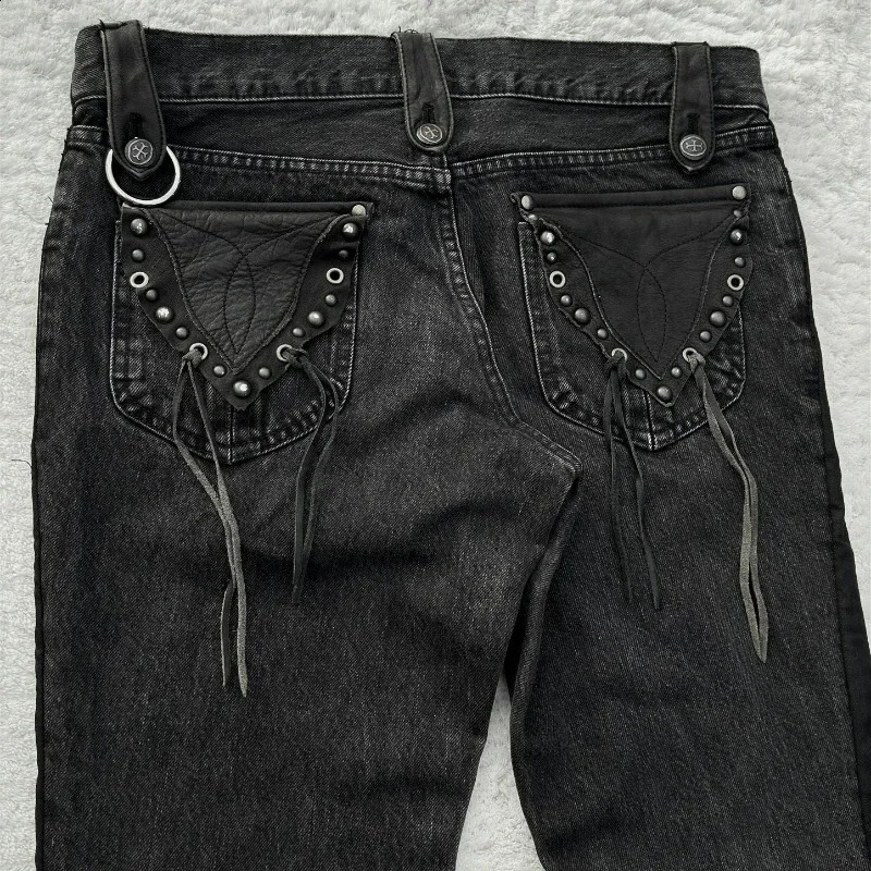Y2K baggy Jeans Black Vintage Cross Leather Detail Punk Flared Jeans Gothic Streetwear Harajuku men women Casual wide leg jeans 250206