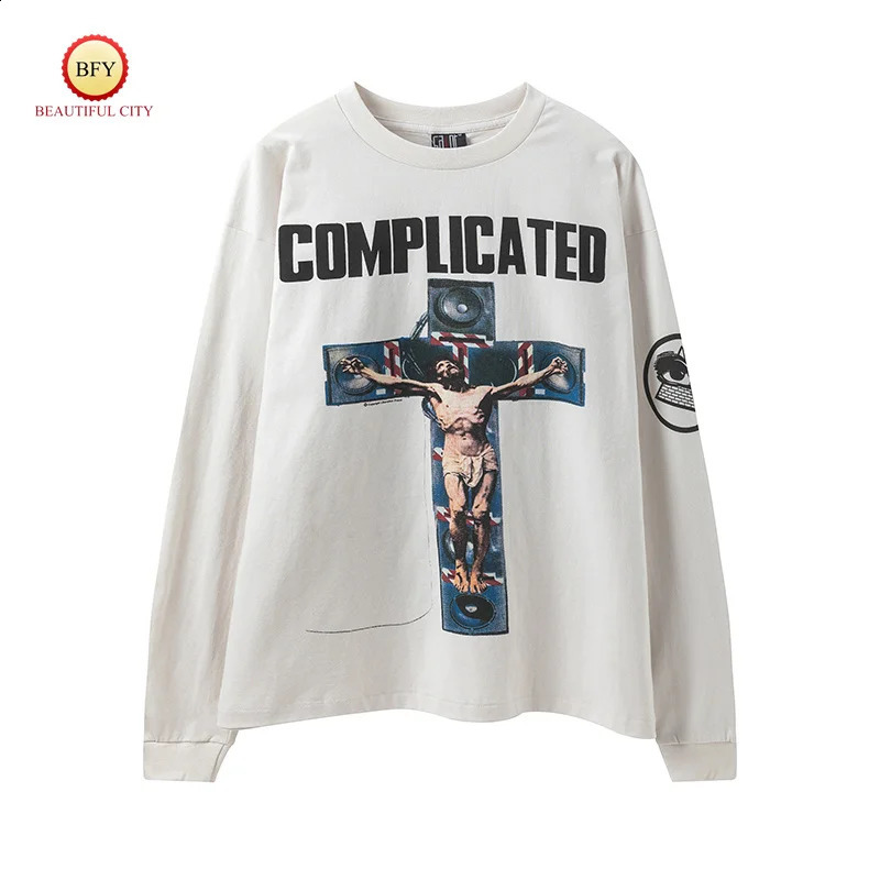 Autumn Saint Cross Printed Hip Hop Casual Loose Round Neck Mens Womens Long Sleeve T-Shirt Tee 250206