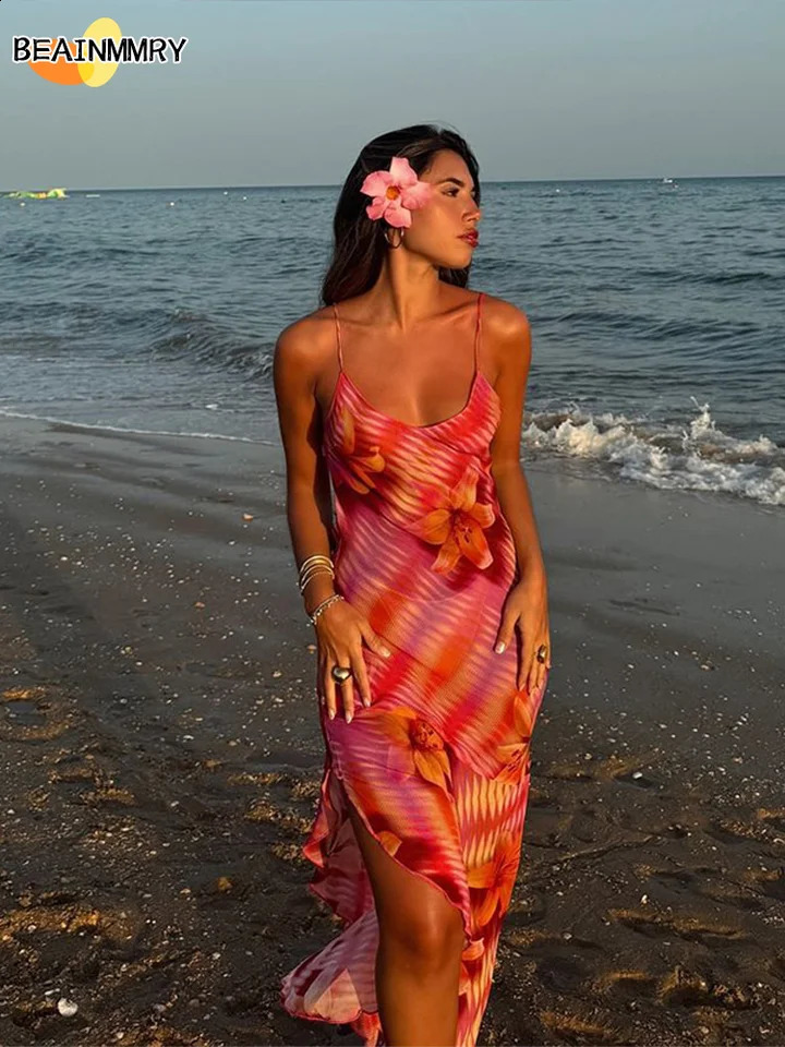 Chic Backless Ruffles Printed Sleeveless V Neck Beach Dress Women Fashion Flower Midi Dresses 2025 Summer Vocation Lady Robe 250206