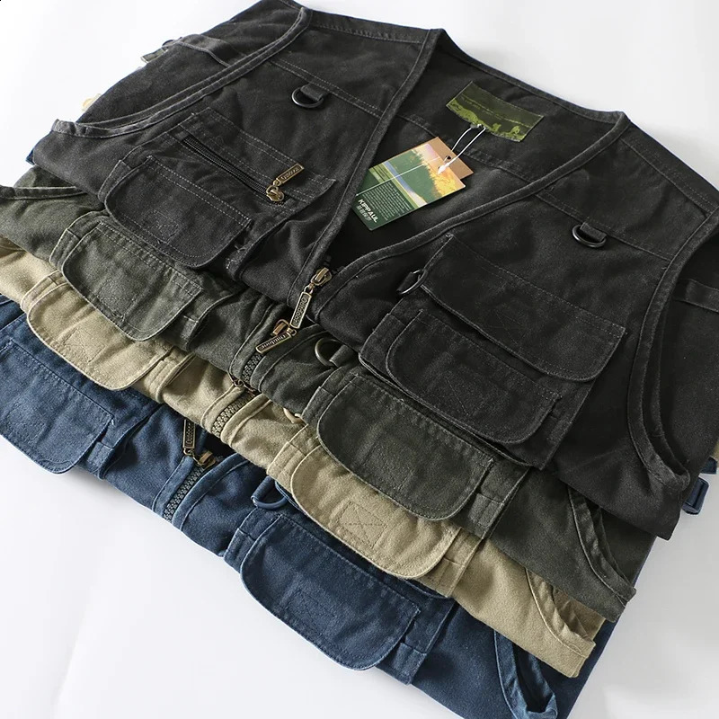7XL Multi Pocket Work Cargo Vest Men Outdoor Camping Hiking Sleeveless Jacket Cotton Denim Fishing Vest Army Workwear Waistcoat 250206