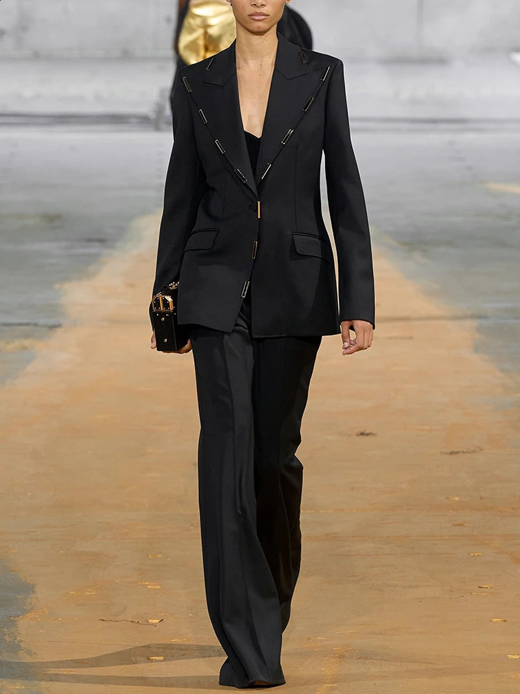 HIGH STREET est Runway Suit Set Womens Single Button Metal Block Blazer Flare Pants Set 250206