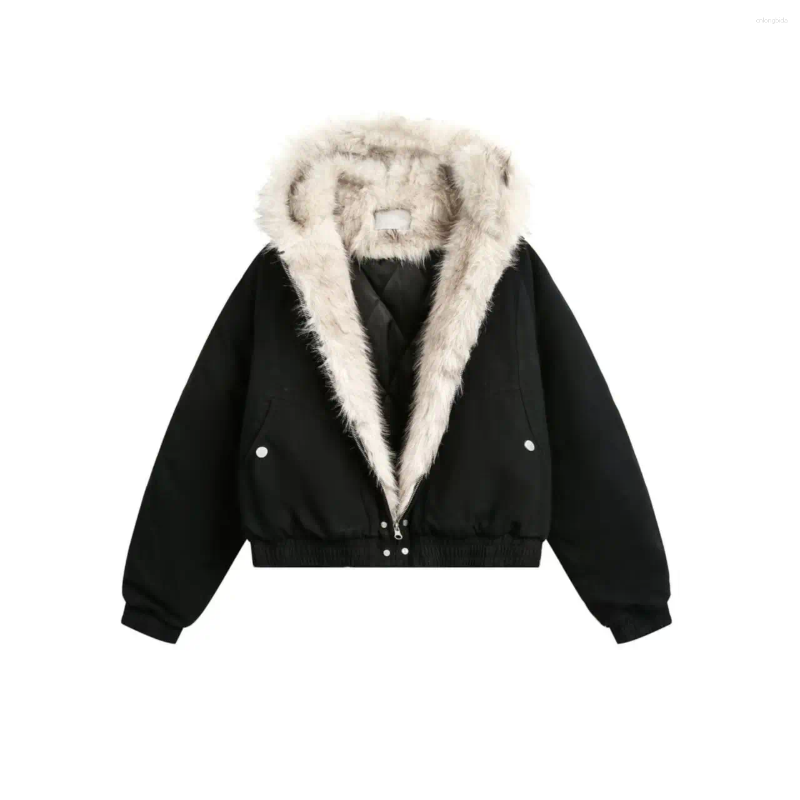 Women's Jackets Y2K Fashion Simple Retro Fur Collar Cotton Hooded Jacket Women Winter Streetwear Loose Veet Warm Haruku Casual